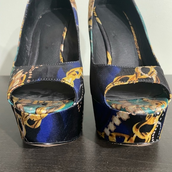 ALDO Platform peep-toe Retro Y2K leopard & gold chain print satin feel size 9 - Picture 6 of 14